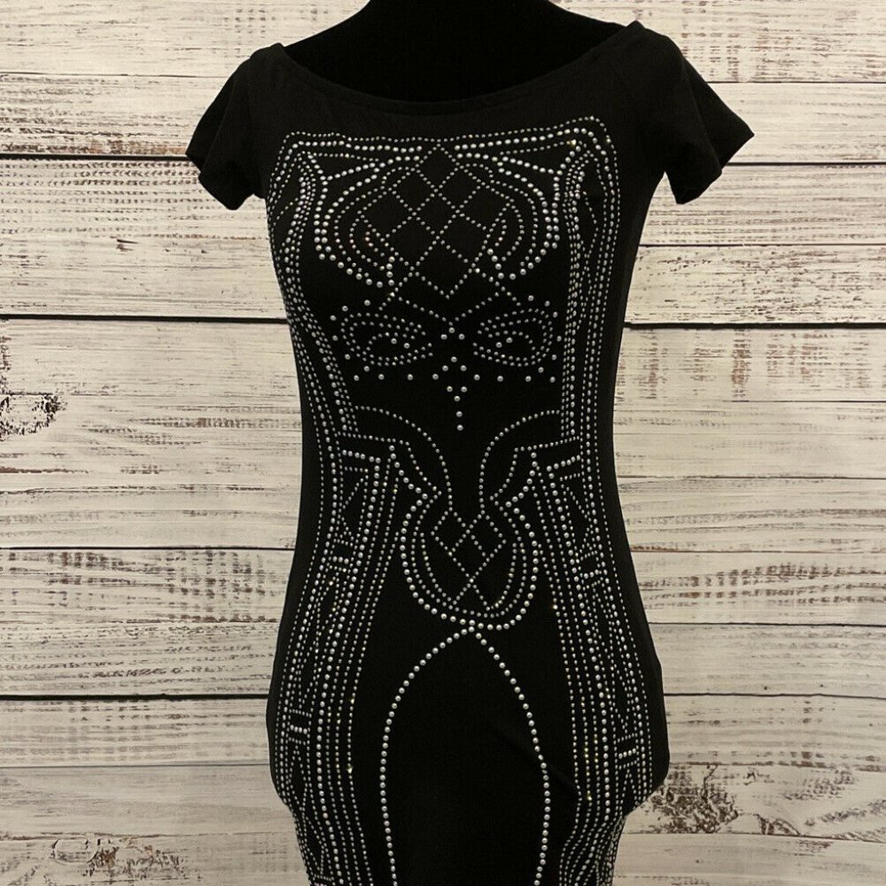 NWT Women’s Say What? Studded Rhinestone Stretch Bodycon Dress Black Sz L